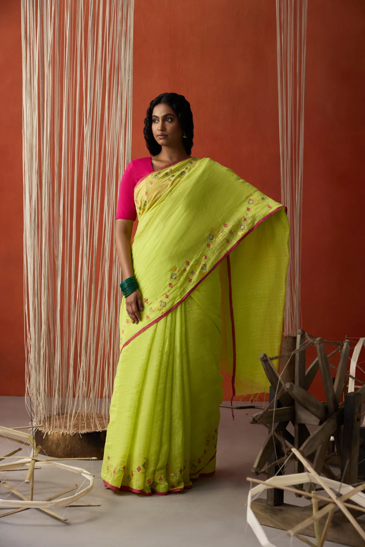 Aabha, a luminous lime zari Jamdani saree